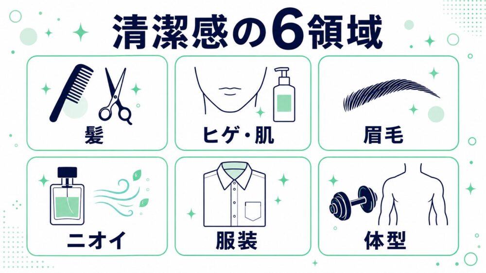 清潔感の6領域マップ|髪・ヒゲ肌・眉毛・ニオイ・服装・体型