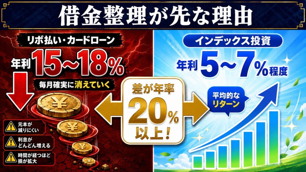 リボの利息と投資リターンの差は年率20%以上