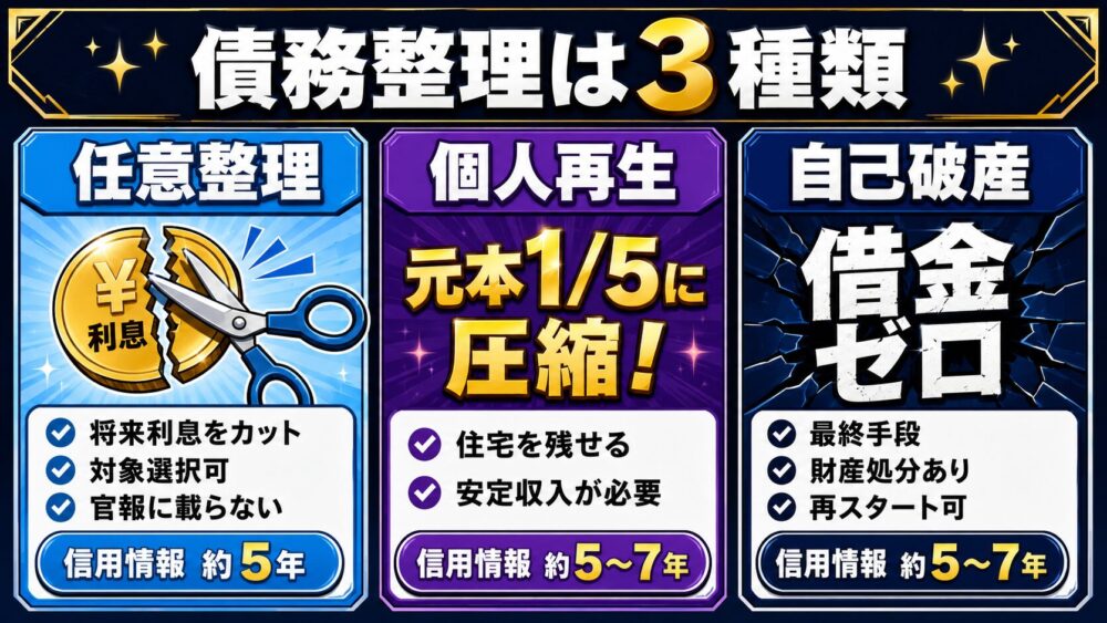 債務整理は3種類（任意整理・個人再生・自己破産）