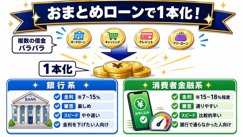 おまとめローンで1本化（銀行系：低金利／消費者金融系：審査優先）
