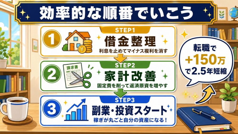 効率的な順番でいこう（借金整理→家計改善→副業・投資）