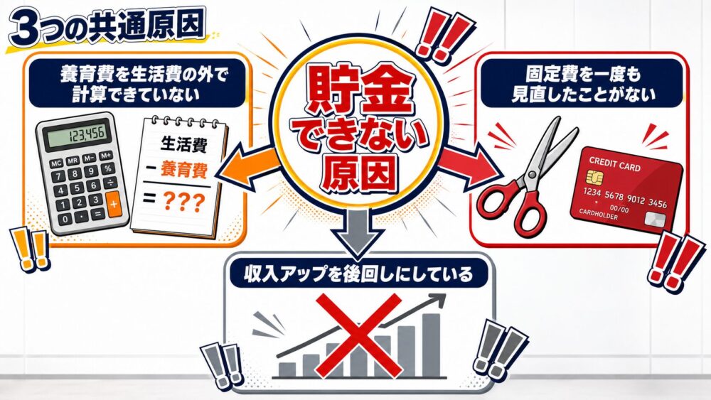 貯金できない3つの原因 家計のイメージ図解