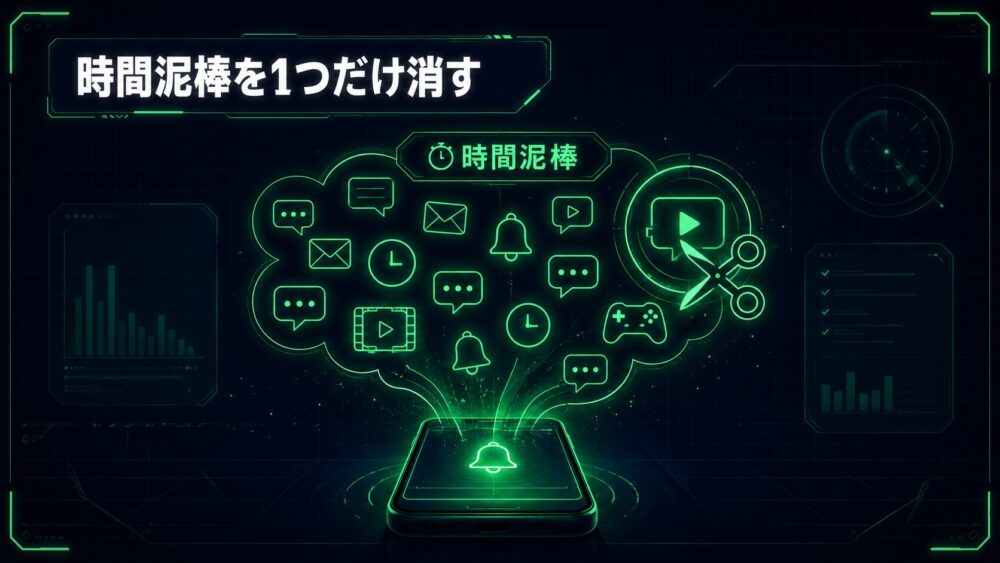 スマホから溢れる通知・動画・SNSアイコンの時間泥棒を1つだけハサミで消す図解