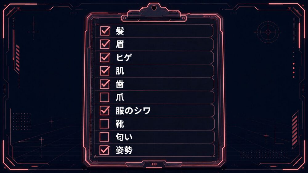 清潔感セルフチェック10項目の図解。髪・眉・ヒゲ・肌・歯・爪・服のシワ・靴・匂い・姿勢