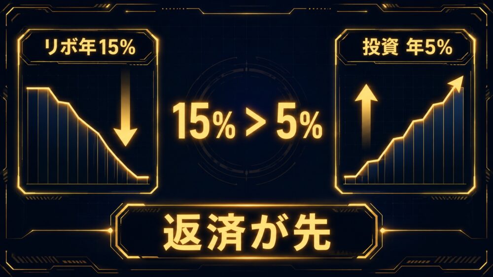 リボ払い年15%と投資年5%の比較図解。15%は5%より大きいので返済が先