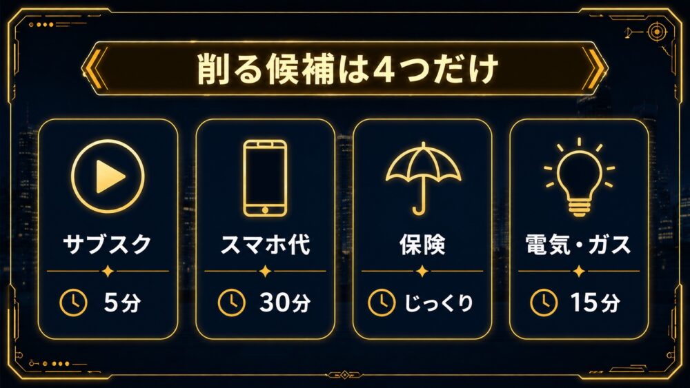 削る候補は4つだけ サブスク5分・スマホ代30分・保険じっくり・電気ガス15分のカード図解