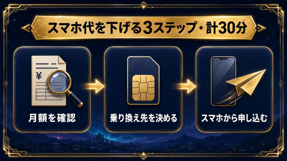 スマホ代を下げる3ステップ・計30分 月額を確認→乗り換え先を決める→スマホから申し込む図解