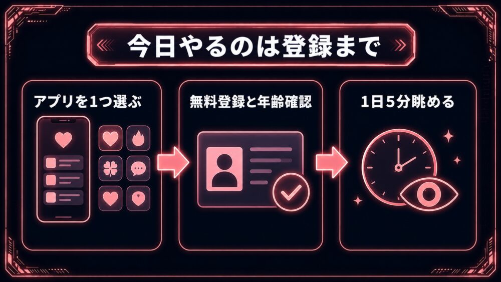 今日やるのは登録まで アプリを1つ選ぶ→無料登録と年齢確認→1日5分眺める図解