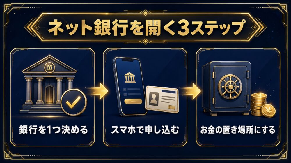 ネット銀行を開く3ステップ 銀行を1つ決める→スマホで申し込む→お金の置き場所にする図解