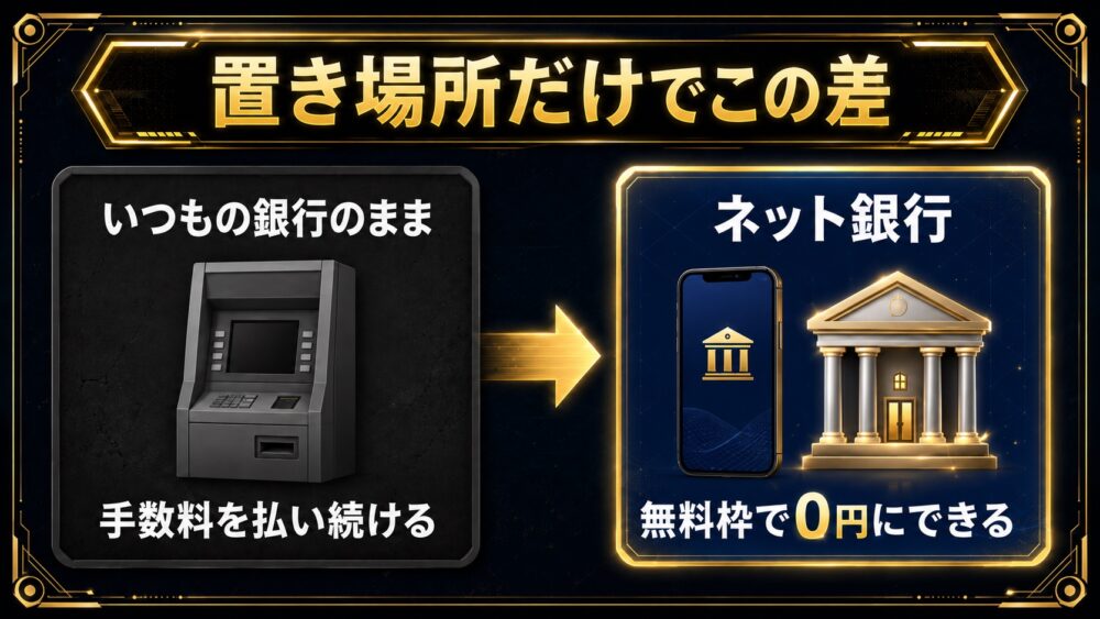 置き場所だけでこの差 いつもの銀行のまま手数料を払い続ける vs ネット銀行は無料枠で0円にできる比較図解