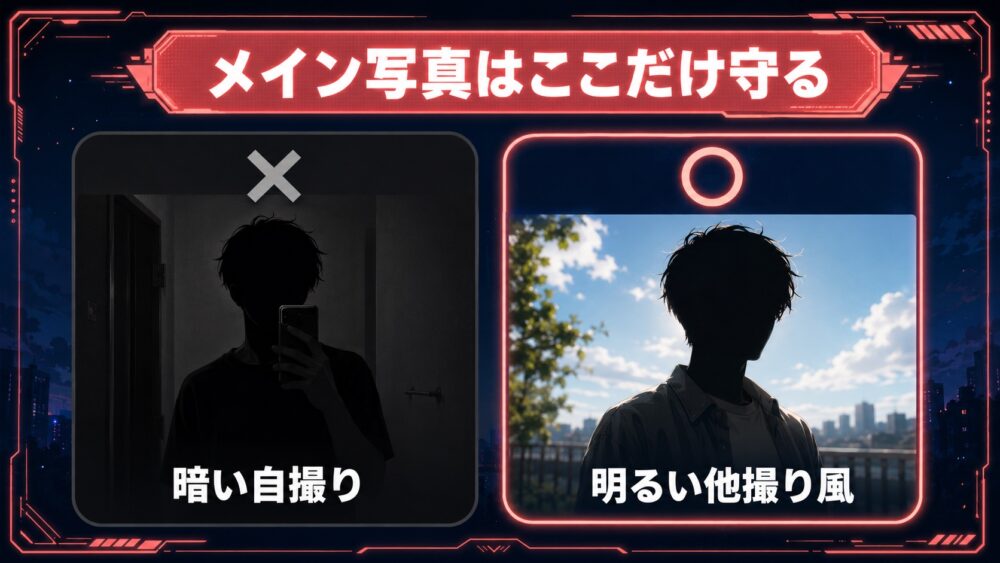 メイン写真はここだけ守る 暗い自撮りNG・明るい他撮り風OKの比較図解