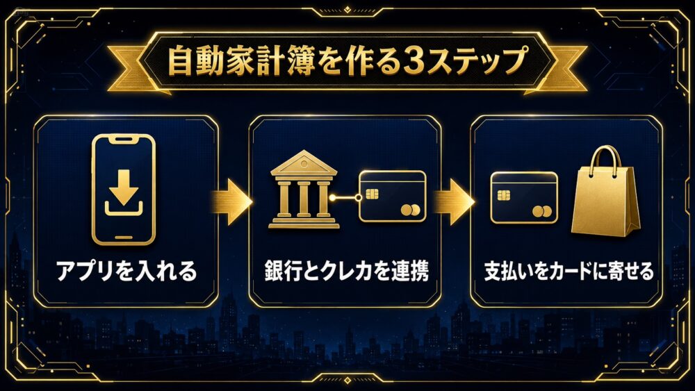 自動家計簿を作る3ステップ アプリを入れる→銀行とクレカを連携→支払いをカードに寄せる図解