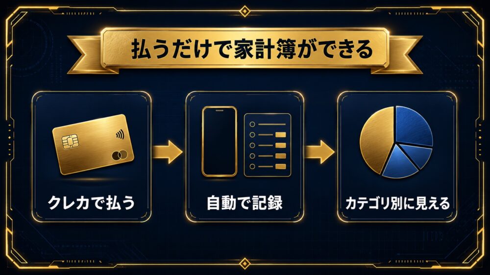 払うだけで家計簿ができる クレカで払う→自動で記録→カテゴリ別に見える図解