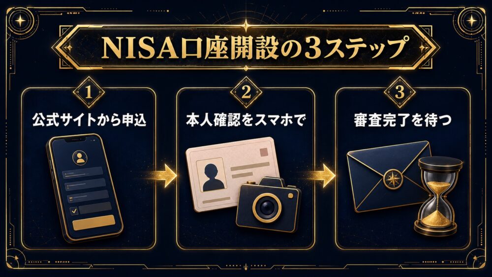 NISA口座開設の3ステップ 公式サイトから申込→本人確認をスマホで→審査完了を待つ図解