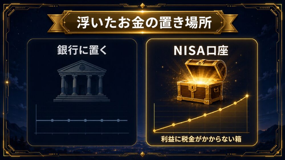 浮いたお金の置き場所 銀行に置くと増えない NISA口座は利益に税金がかからない箱の比較図解