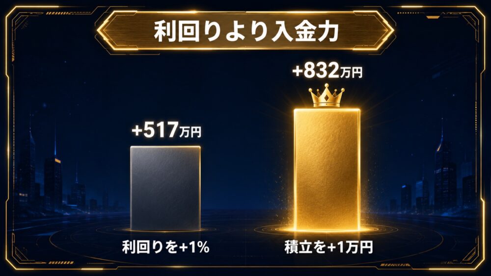 利回りより入金力 利回りを+1%なら+517万円 積立を+1万円なら+832万円の棒グラフ比較図解