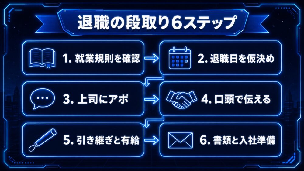 退職の段取り6ステップ図解 就業規則確認から書類と入社準備まで