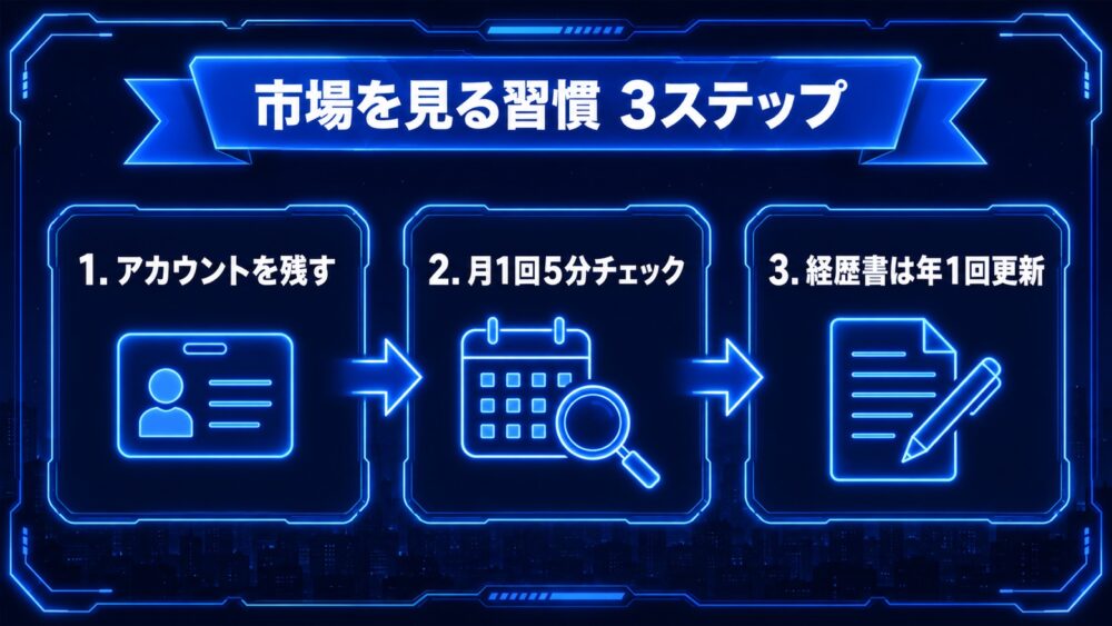 市場を見る習慣3ステップ アカウントを残す・月1回5分チェック・経歴書は年1回更新