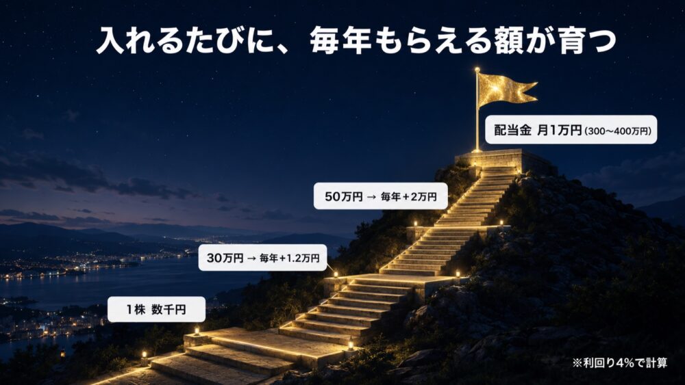 入れるたびに毎年もらえる配当が育つ階段図解
