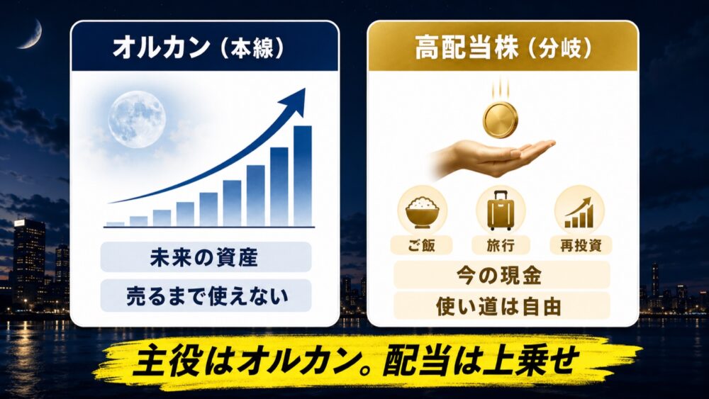オルカン（本線）と高配当株（分岐）の役割分担図解