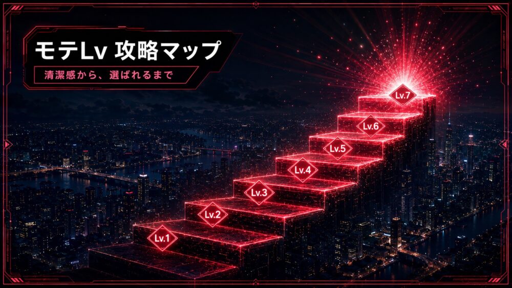 モテLv攻略マップ 赤いネオンの階段をLv1からLv7へ登っていくモテるロードマップのアイキャッチ