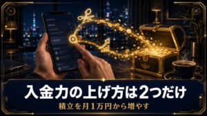 入金力の上げ方は2つだけ 積立を月1万円から増やす スマホの積立設定から金貨が宝箱へ流れ込むアイキャッチ