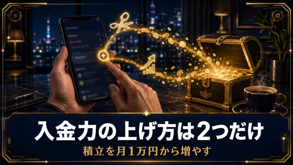 入金力の上げ方は2つだけ 積立を月1万円から増やす スマホの積立設定から金貨が宝箱へ流れ込むアイキャッチ