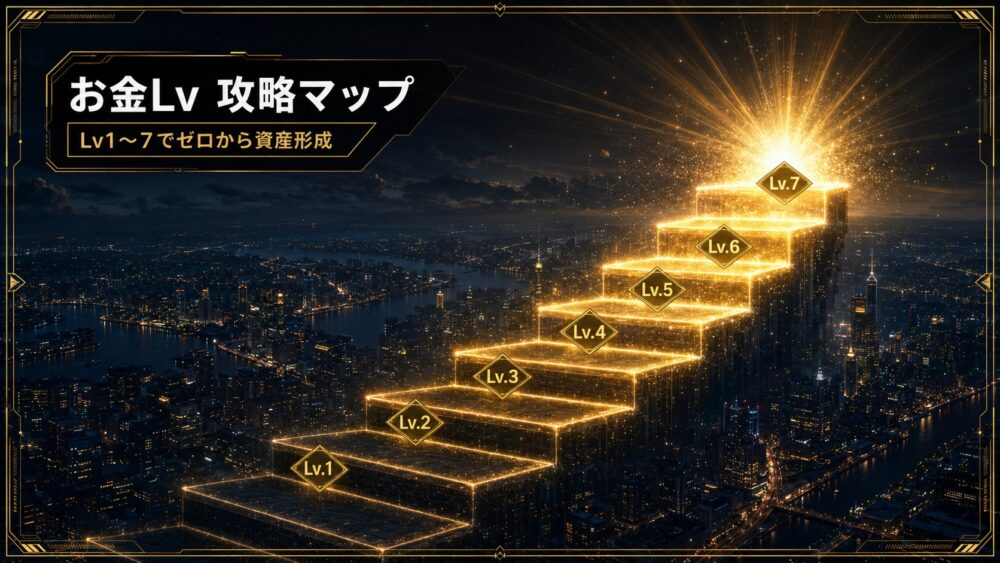お金Lv攻略マップ 金色の階段をLv1からLv7へ登っていく資産形成ロードマップのアイキャッチ