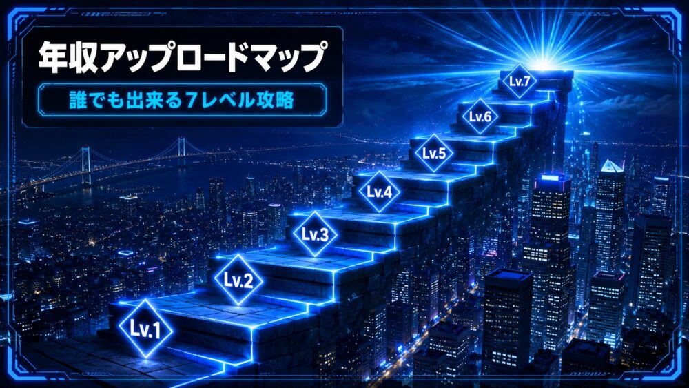 年収アップロードマップ 青いネオンの階段をLv1からLv7へ登っていくアイキャッチ 誰でも出来る7レベル攻略