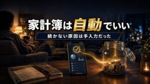家計簿は自動でいい 夜のリビングでスマホ家計簿アプリが自動記録し貯金瓶にコインが貯まるイメージ