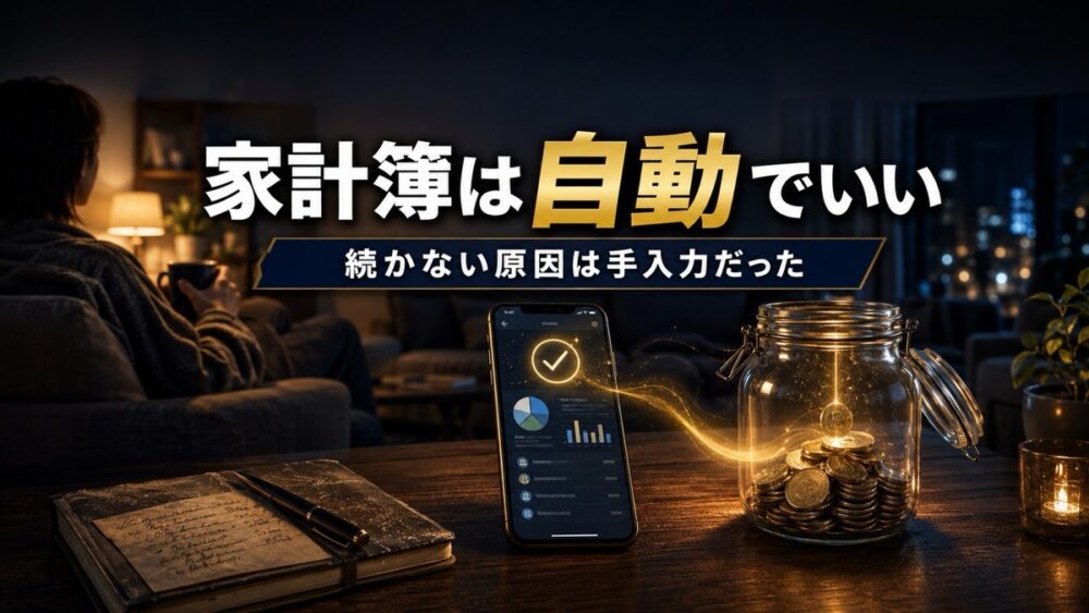 家計簿は自動でいい 夜のリビングでスマホ家計簿アプリが自動記録し貯金瓶にコインが貯まるイメージ