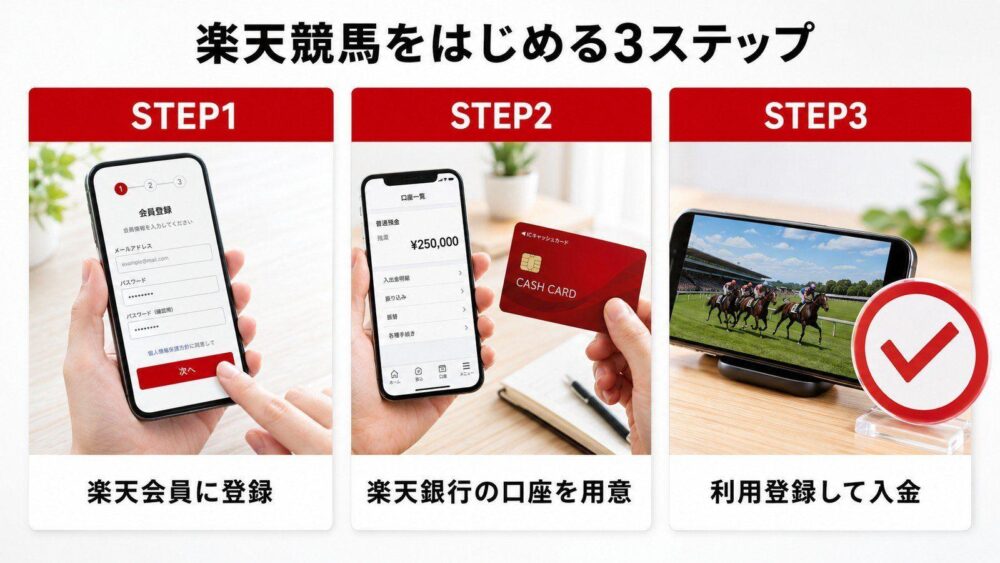 楽天競馬をはじめる3ステップ(楽天会員登録・楽天銀行口座・利用登録して入金)