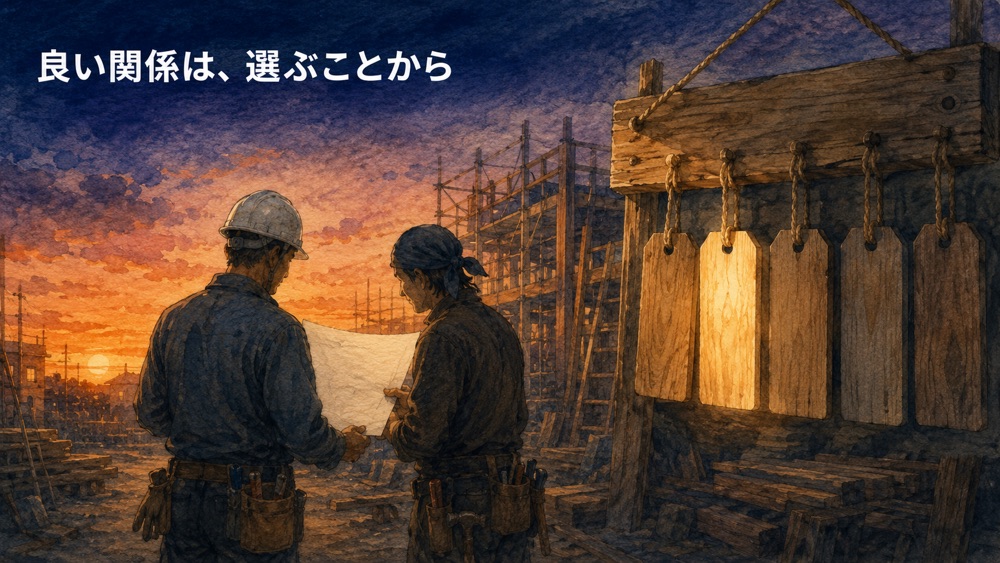 現場で図面を見ながら打ち合わせる施工管理と職人