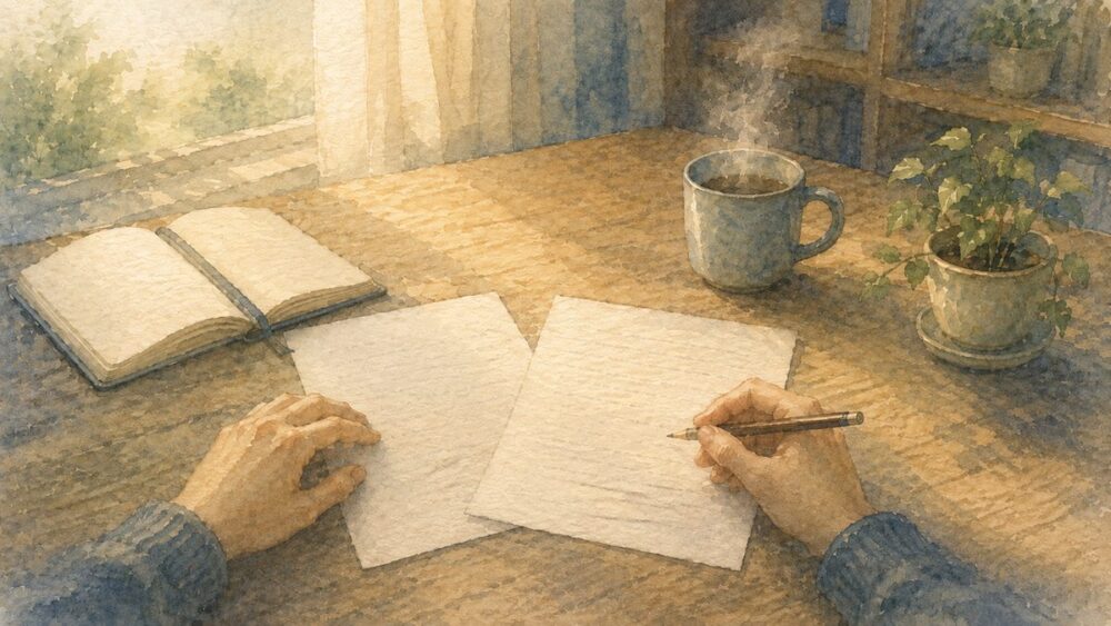 朝のテーブルで2枚の書類を見比べている手元のイラスト