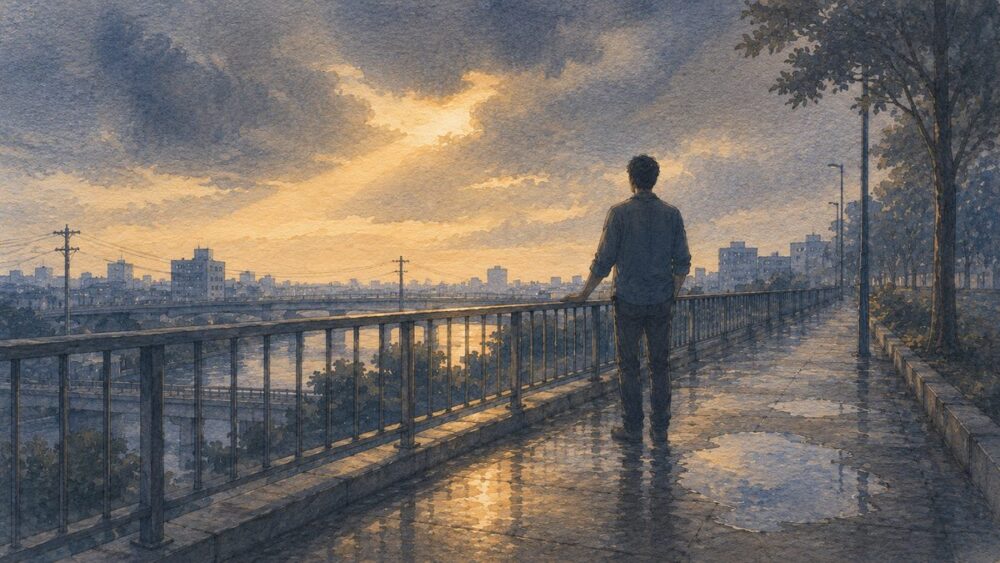 夕方の遊歩道で立ち止まり遠くを眺める人物の後ろ姿のイラスト