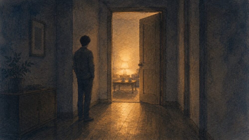 夜の廊下から半開きのドア越しに明かりのついた居間を見ている人物のイラスト