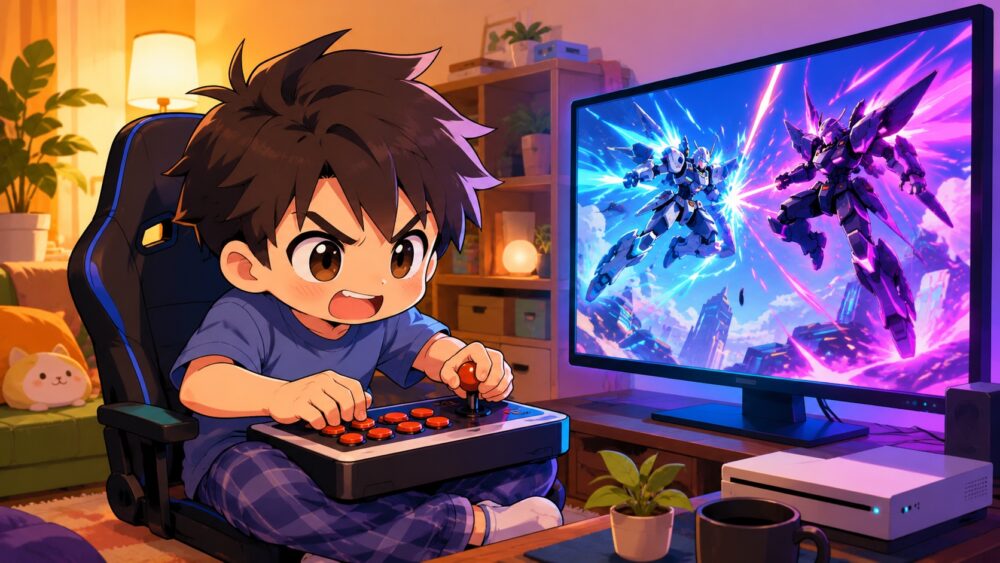 自宅でアーケードスティックを使って対戦ゲームを遊ぶ男性のイラスト
