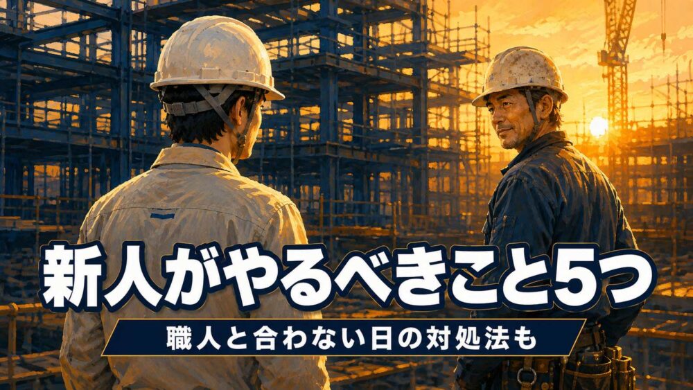 現場監督の新人がやるべきこと5つ アイキャッチ（新人現場監督とベテラン職人のイラスト）