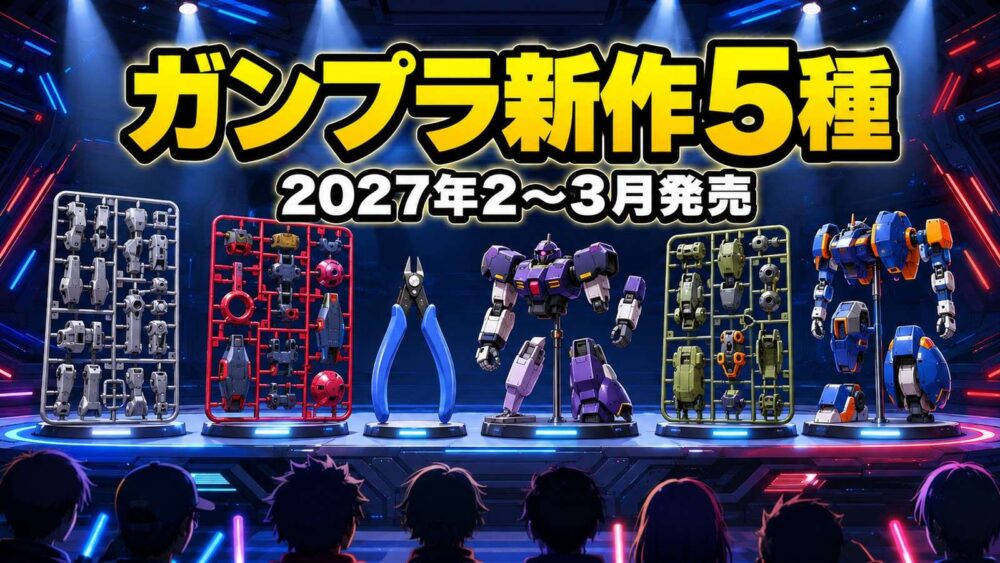 発表会ステージに並ぶガンプラのランナーとニッパーのイメージ