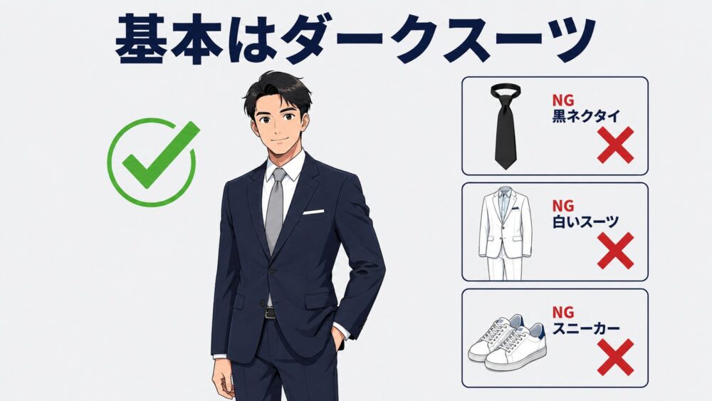結婚式の服装の基本はダークスーツ(黒ネクタイ・白スーツ・スニーカーはNG)