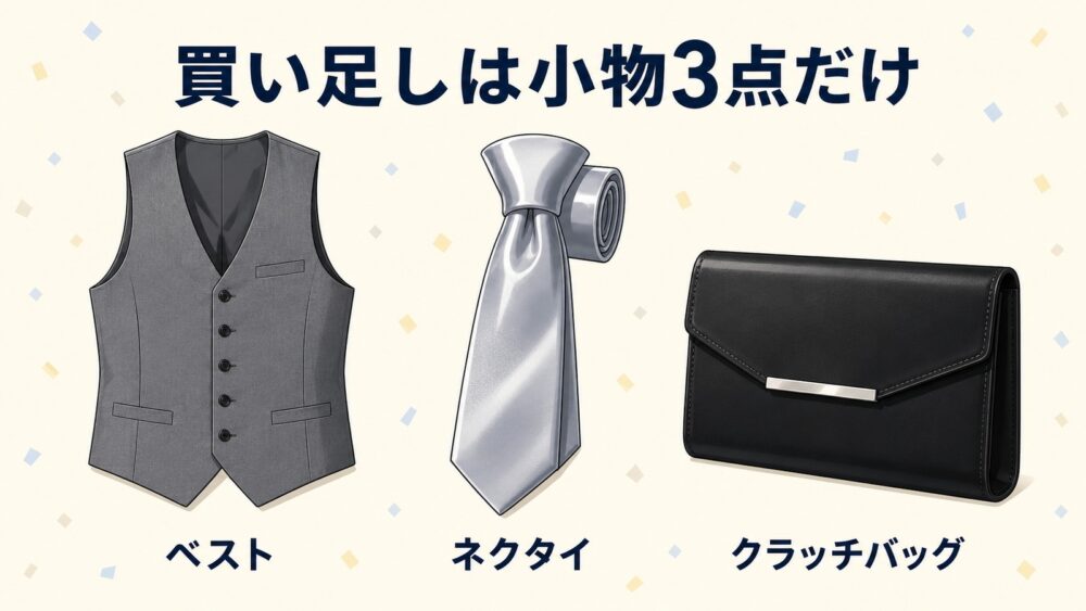 結婚式用に買い足す小物3点(ベスト・シルバーネクタイ・クラッチバッグ)