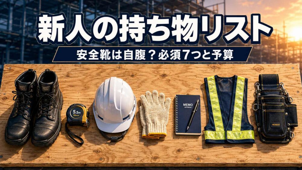 施工管理 新人の持ち物リスト アイキャッチ（安全靴・スケール・ヘルメットなど必須7つのイラスト）
