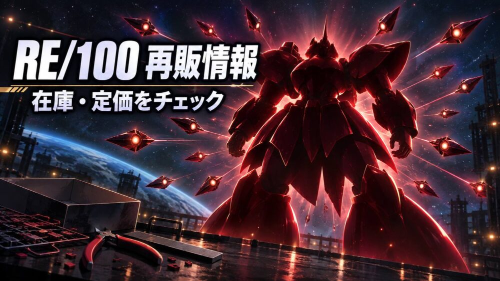 RE/100 ナイチンゲールの再販・在庫・定価情報を表す、深紅の巨大ロボットシルエットとファンネルの放射イメージイラスト