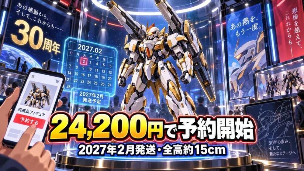 ショーケースに飾られたSFロボットと予約画面を描いたイラスト（24,200円で予約開始のアイキャッチ）