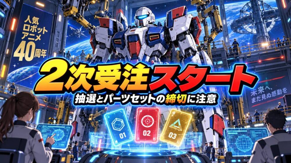 宇宙ステーションの整備ドックとSFロボットを描いたイラスト（2次受注スタートのアイキャッチ）