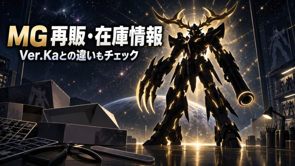 MG バンシィの再販・在庫・定価情報を表す、金色に光る漆黒のロボットシルエットのイメージイラスト