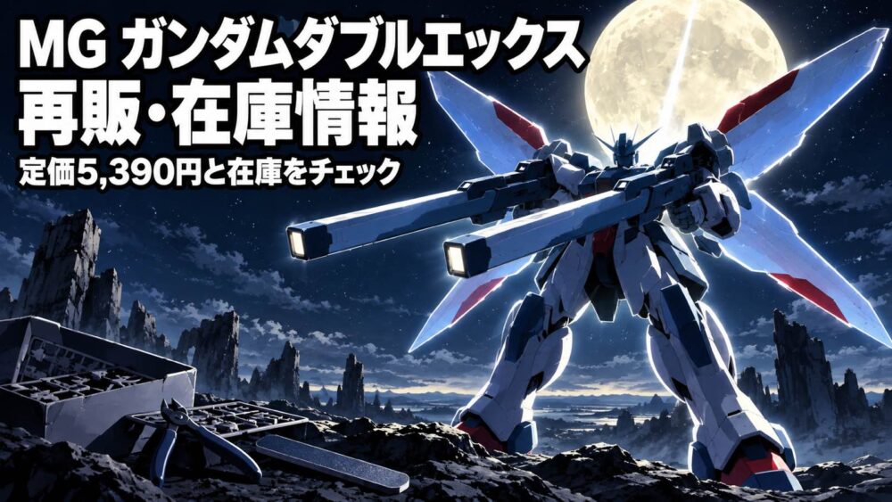 MG ガンダムダブルエックスの再販・在庫情報と定価を表す、月夜に立つ白と青のロボットシルエットのイメージイラスト