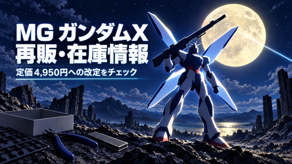 MG ガンダムXの再販・在庫情報と定価改定を表す、月夜に立つ白と青のロボットシルエットのイメージイラスト