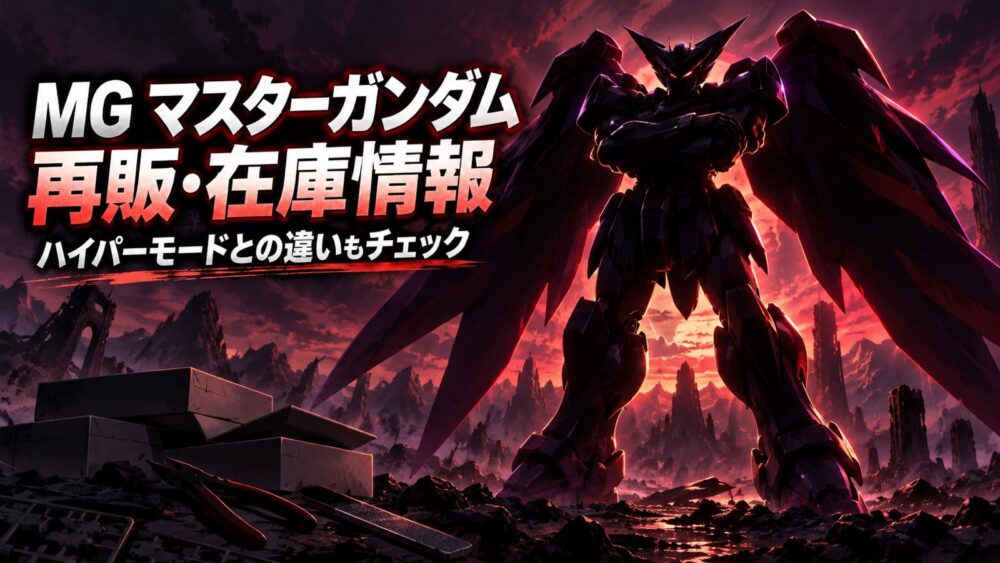 MG マスターガンダムの再販・在庫情報を表す、黒と紫の重厚なロボットシルエットのイメージイラスト