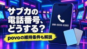 イニブのサブカード用電話番号とpovoの維持条件を案内する図